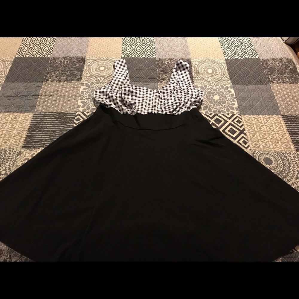 Checkered top, black skirt, torrid dress